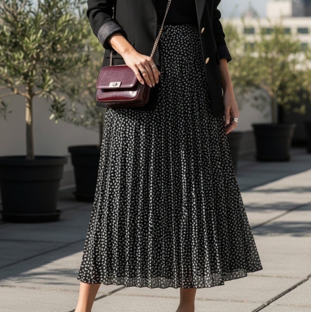 Joie Pleated Maxi Skirt Black White Confetti Speckle M